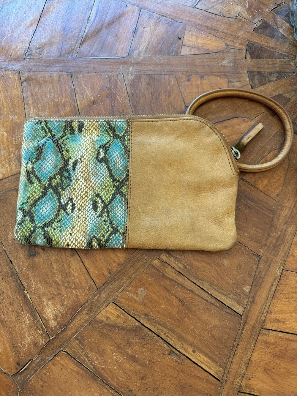 HOBO Tan Suede Wristlet with Green Garden Snake-Print Panel